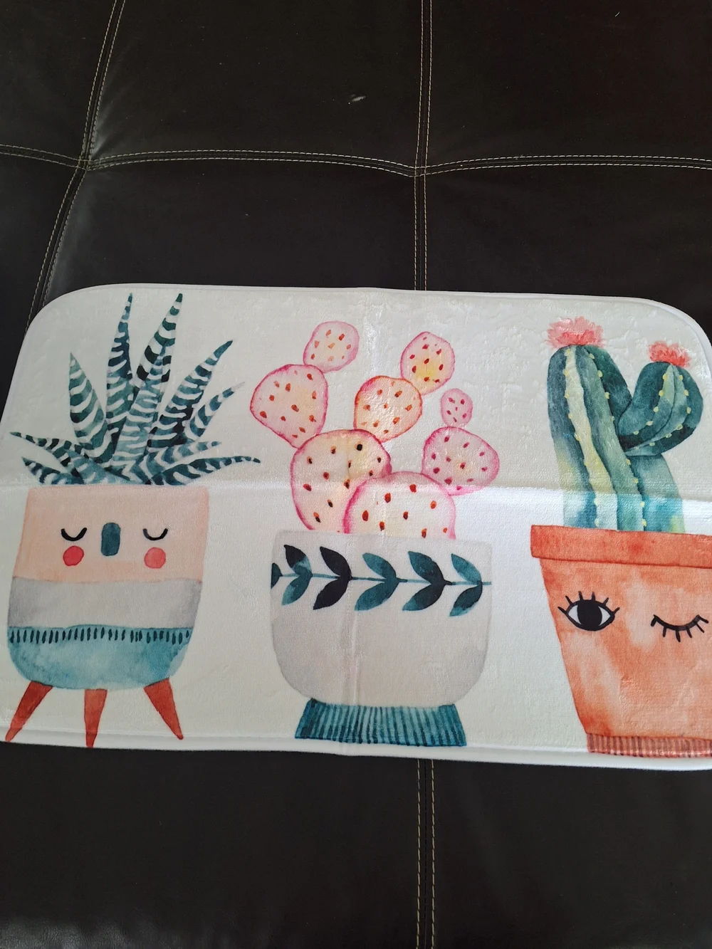 Whimsical Cactus Bath Mat - White with Teal, Pink & Orange